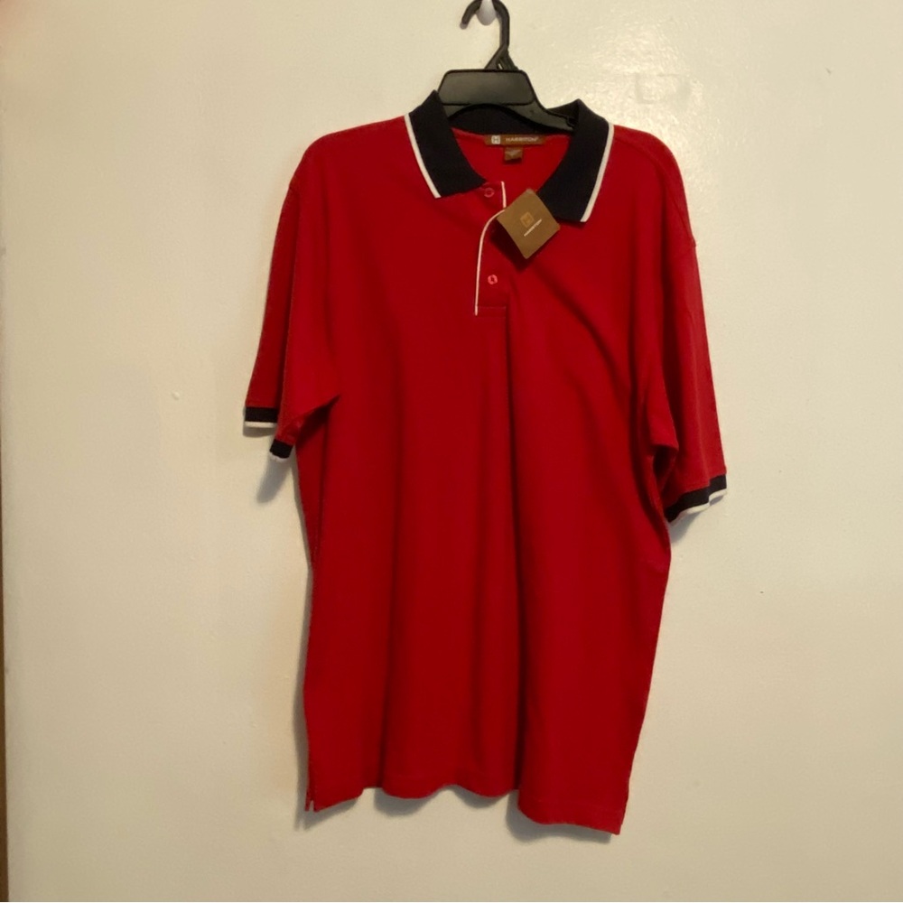 Harriton Classic Red Polo Shirt with White Collar Trim Mens Size Large New